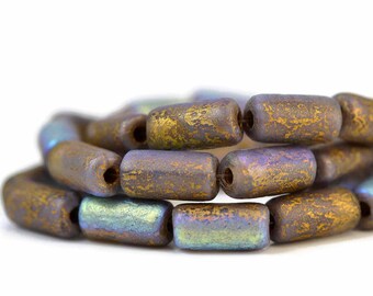 Czech Glass Tube Beads, 14mm x 7mm with 2.5mm Hole, Etched Blue, Metallic Purple and Gold, Pkg 1 Strand
