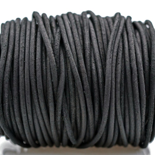 2mm Vintage Black Leather Cord Round, Matte Finish, Vegetable Tanned Cowhide Leather