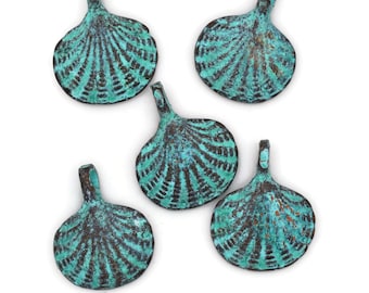 Scallop Shell charm, 15mm Green Patina, Mykonos Greek Beads, Pkg 6