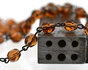 6mm Linked Bead Chain Rosary Style, 6mm Czech Smoke Topaz Beads on Black Brass Links, 1 or 3 Feet