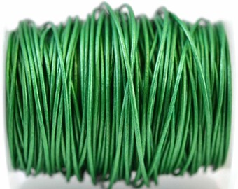 1mm Round Leather Cord - Metallic Green - Genuine Leather