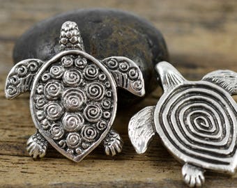 Spiral Turtle Pendant, 30mm Pewter, Mykonos Beads, Double-Sided Pendant, Pkg 2