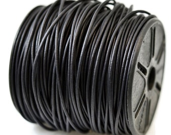 2mm Round Leather Cord - Natural Black - Matte Finish - Genuine Leather