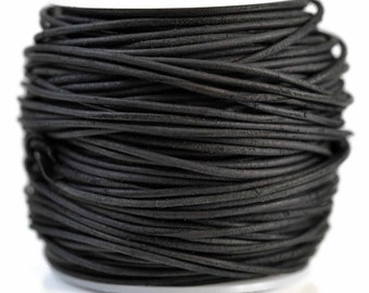 1.5mm Vintage Black Leather Cord Round, Matte Finish, Vegetable Tanned Cowhide Leather