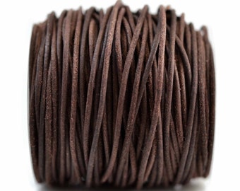 1.5mm Vintage Dark Brown Leather Cord Round, Rustic Matte Finish, Vegetable Tanned Cowhide Leather