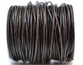 2mm Round Leather Cord - Natural Espresso Dark Brown - Distressed Genuine Leather