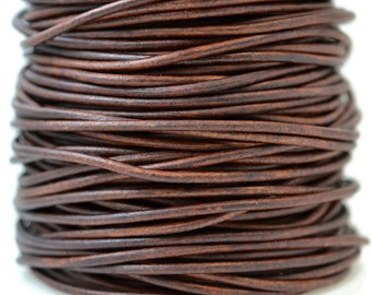 3mm Natural Antique Brown Leather Cord Round, Matte Finish, Vegetable Tanned Cowhide Leather