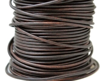 3mm Natural Dark Antique Brown Leather Cord Round, Matte Finish, Vegetable Tanned Cowhide Leather