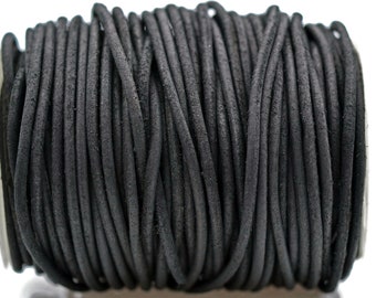 2mm Vintage Black Leather Cord Round, Matte Finish, Vegetable Tanned Cowhide Leather