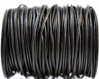 2mm Black Leather Round Cord, Subtle Sheen, Vegetable Tanned Cowhide Leather