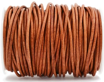 3mm Round Leather Cord - Natural Light Brown - Distressed Genuine Leather