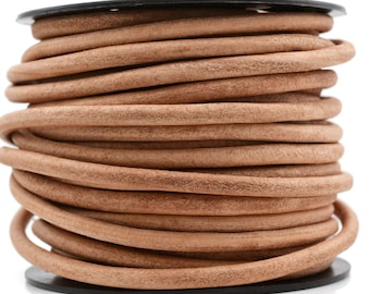 6mm Natural Leather Round Cord, Matte Finish, Cowhide Leather, Sold By The Yard