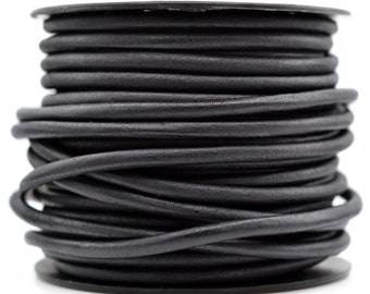 6mm Natural Black Leather Round Cord, Matte Finish, Vegetable Tanned Cowhide Leather, Sold By The Yard