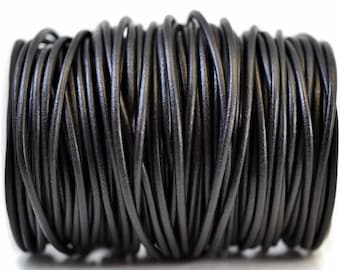 3mm Natural Black Leather Round Cord, Matte Finish, Vegetable Tanned Cowhide Leather