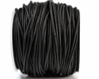 1mm Vintage Black Leather Cord Round, Rustic Matte Finish, Vegetable Tanned Cowhide Leather