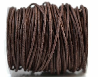 2mm Vintage Dark Brown Leather Cord Round, Vegetable Tanned Cowhide Leather, Rustic Matte Finish