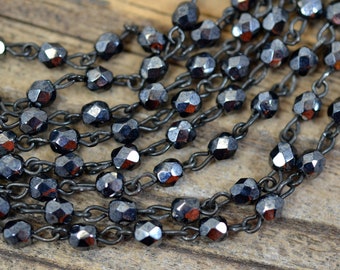 4mm Linked Bead Chain Rosary Style, 4mm Czech Hematite Glass Beads on Black Brass Links, 3 Feet