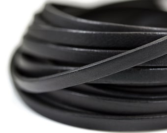 5mm European Bruciato Flat Leather Cord - Black - 5x2mm - By The Yard