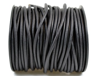 4mm Natural Black Leather Cord Round, Matte Finish, Vegetable Tanned Cowhide Leather