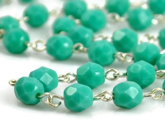 6mm Linked Bead Chain Rosary Style, 6mm Czech Turquoise Beads on Silver Links, 1 or 3 Feet