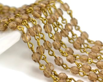 4mm Linked Bead Chain Rosary Style, 4mm Czech Smoke Topaz Beads on Natural Brass Links, 3 Feet