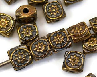 Boho Square, 7mm Antique Brass with 1.5mm Hole, Mykonos Greek Beads, Pkg 8 or 18