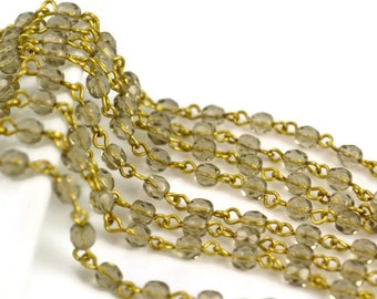 4mm Linked Bead Chain Rosary Style, 4mm Czech Black Diamond Beads on Natural Brass Links, 3 Feet