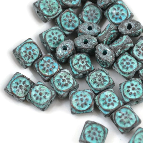 7mm Boho Square Bead, Green Patina, Mykonos Greek Beads, 8 or 18 Beads