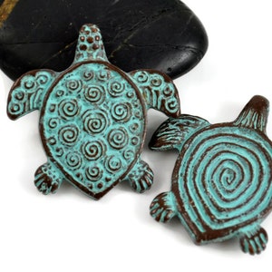 30mm Spiral Turtle - Green Patina - Double Sided Pendant - Mykonos Beads - Pkg 2