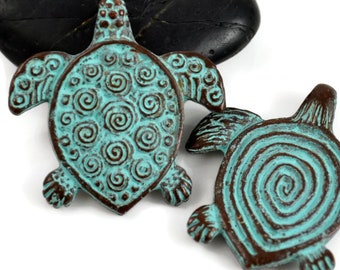 Spiral Turtle Pendant, 30mm Green Patina, Double Sided Design, Mykonos Beads, Pkg 2