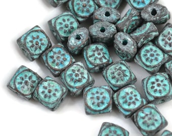 7mm Boho Square Bead, Green Patina, Mykonos Greek Beads, 8 or 18 Beads