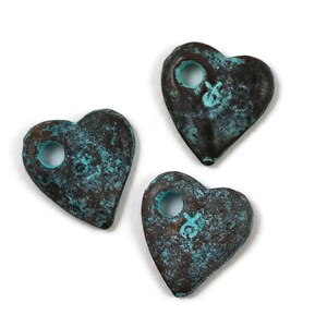 10mm Small Heart Dangle Charm, Green Patina, 2mm Hole, Mykonos Beads, Pkg of 8