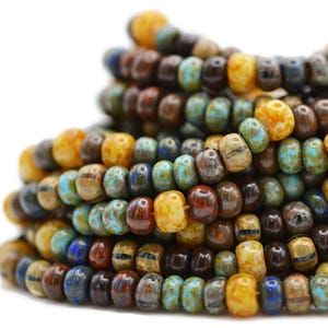 2/0-3/0 Czech Glossy Picasso Earthy Mix, 5.5mm - 6mm Czech Seed Bead, Pkg 20&quot; Strand