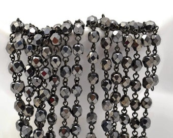 6mm Linked Bead Chain Rosary Style, 6mm Czech Hematite on Black Brass, Pkg 1 or 3 Feet
