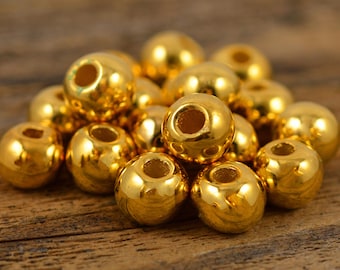 8mm Gold Ceramic Round Bead, 24 Karat Gold over Terracotta, 2.5mm Hole, Mykonos Beads, Pkg 8