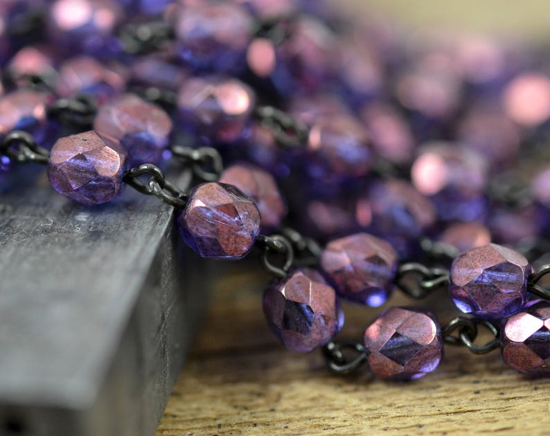 6mm Linked Bead Chain Rosary Style, 6mm Czech Purple AB Beads on Black Brass Links, 1 or 3 Feet imagem 5