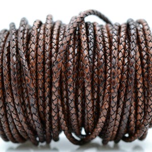 4mm Braided Bolo Leather Cord: Dark Antique Brown Vegetable Tanned