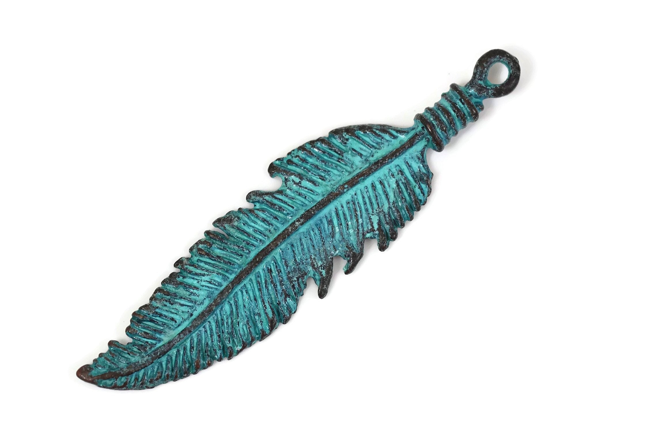 Large Feather Pendant, Green Patina, 20mm x 70mm with 2.5mm Hole, Mykonos Beads, Pkg 1