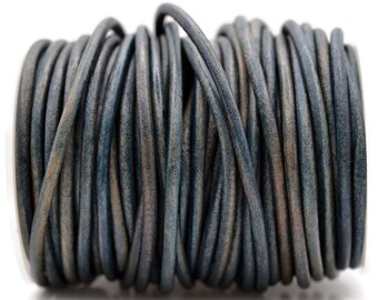 4mm Round Leather Cord - Natural Blue - Distressed Genuine Leather