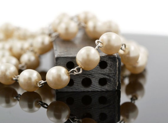 8mm Linked Pearl Chain - Czech Cream Pearls on Silver Links - By The Foot