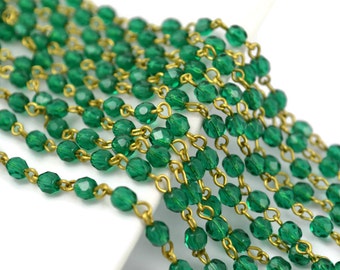 4mm Linked Bead Chain Rosary Style, 4mm Czech Emerald Green Beads on Natural Brass Links, 3 Feet