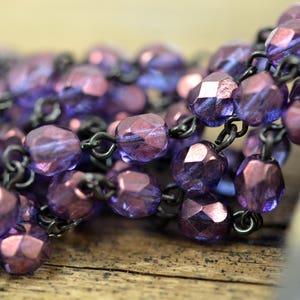 6mm Linked Bead Chain Rosary Style, 6mm Czech Purple AB Beads on Black Brass Links, 1 or 3 Feet imagem 4