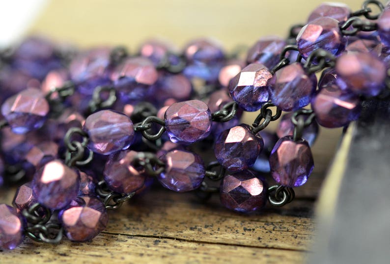6mm Linked Bead Chain Rosary Style, 6mm Czech Purple AB Beads on Black Brass Links, 1 or 3 Feet image 4