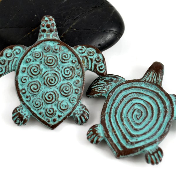 Spiral Turtle Pendant, 30mm Green Patina, Double Sided Design, Mykonos Greek Beads, Pkg 1