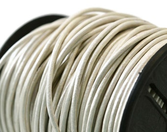 2mm Metallic Pearl White Leather Round Cord, Subtle Sheen, Vegetable Tanned Cowhide Leather