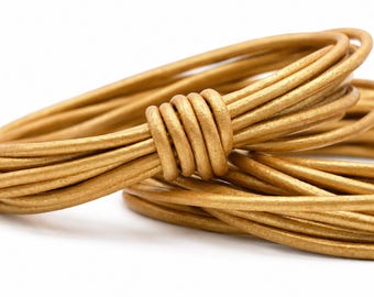 3mm Round Leather Cord - Metallic Light Gold - Genuine Leather