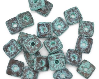 8mm Square Washer - Green Patina - Metalized Ceramic - Mykonos Beads - Pkg 18