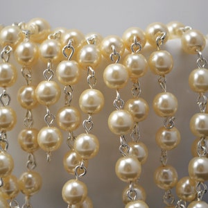 6mm Linked Bead Chain Rosary Style, 6mm Czech Cream Pearls on Silver Links, 3 Feet
