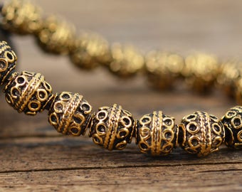 6mm Bali Style Bead, Antique 24 Karat Gold, 1.5mm Hole, Mykonos Beads, Pkg 8
