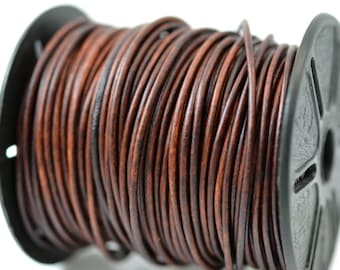 2mm Natural Antique Brown Leather Round Cord, Matte Finish, Vegetable Tanned Cowhide Leather